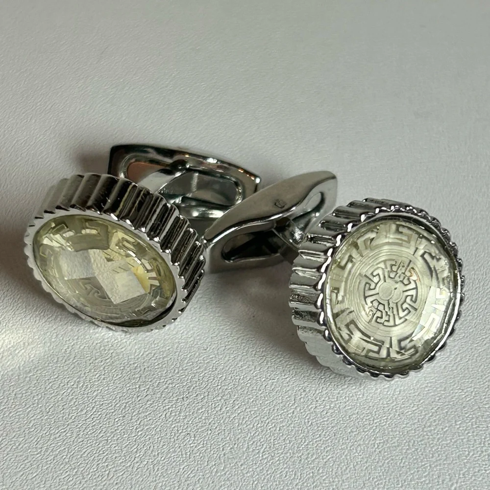 Elegant Vintage faceted glass cufflinks geometric Greek key design Silver tone